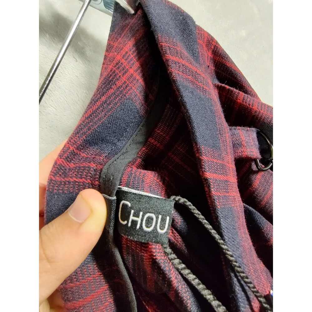 Chouyatou Red Black Plaid Pleated Mini Skirt Punk Gothic Harness Straps Small - Picture 8 of 10